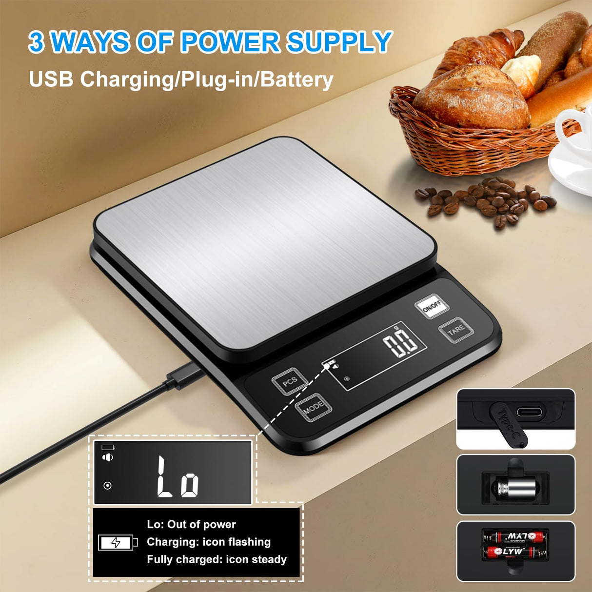22lb Waterproof IPX67 Kitchen Scale with 0.1g/0.001oz High Precision, Diyife Large Stainless Steel Food Scale, 10 Unit, Washable, Hangable, USB Rechargeable, LCD Display, for Cooking, Baking Diyife