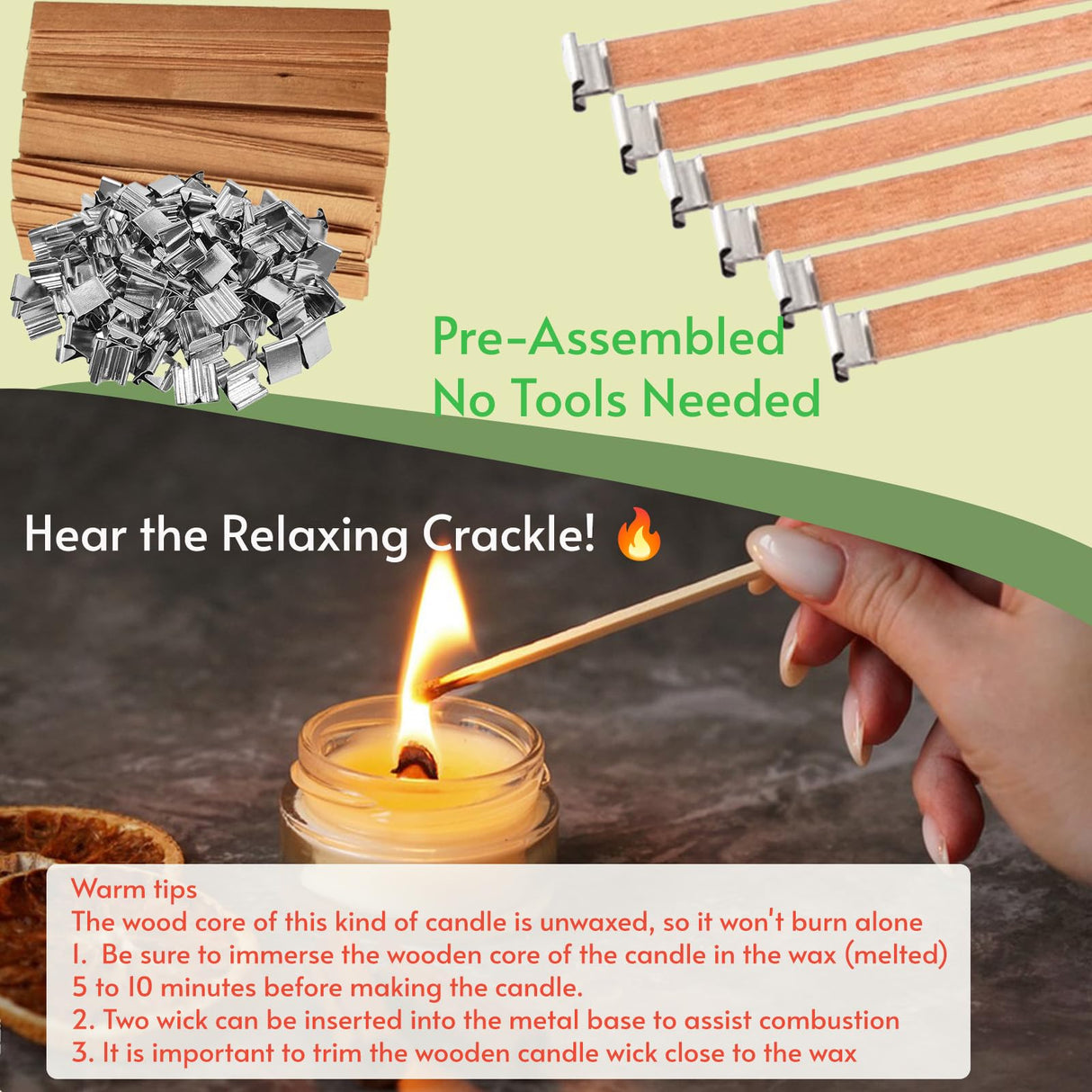 BVMGTT Wood Wicks for Candle Making, 100 Sets Natural Wooden Wicks with 100 Metal Sustainers, 5.1 "x 0.5" x0.02 Thin Crackling Wicks for Soy Wax & Coconut Wax, Perfect for DIY, Home Decor, Gifts BVMGTT