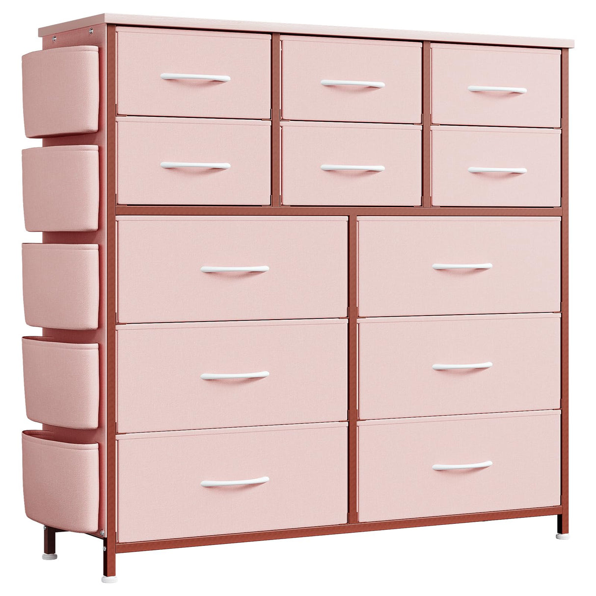 12 Dresser for Bedroom, Chest of Drawers for Bedroom with Side Pockets and Hooks, Fabric Storage Dresser, Sturdy Steel Frame, Wood Top, Easy Pull Handle (Pink) Jojoka