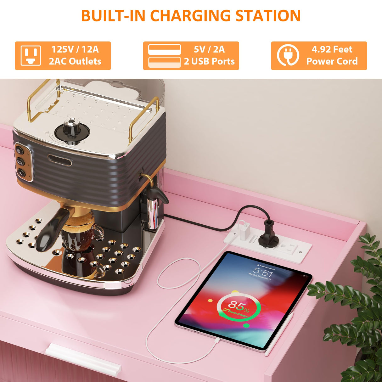 Sideboard Buffet Cabinet With LED Light & Power Outlet, Kitchen Storage Cabinet With 2 Acrylic-Board Drawers & 4 Rattan Doors, Coffee Bar Cabinet Wood Buffet Table for Kitchen, Dining Room (Pink) GarveeHome