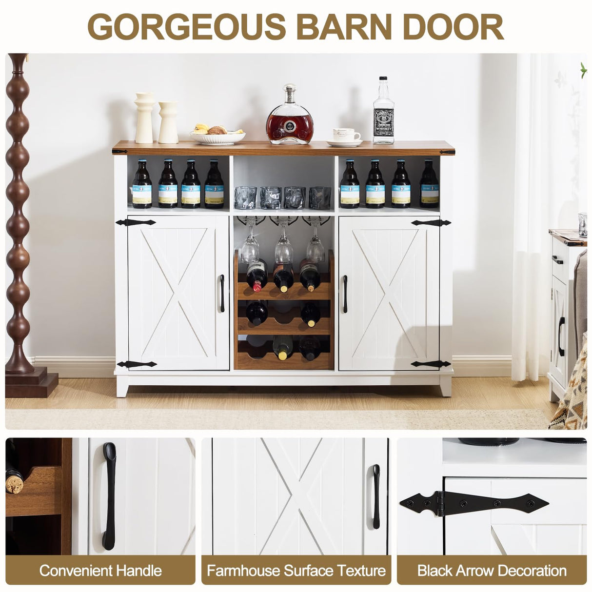 EROMMY Farmhouse Wine Bar Cabinet, 51" Sideboard Buffet Cabinet with Detachable Wine Rack and 3 Open Storage Compartments, Rustic Liquor Cabinet for Dining, Living Room, Kitchen, White EROMMY