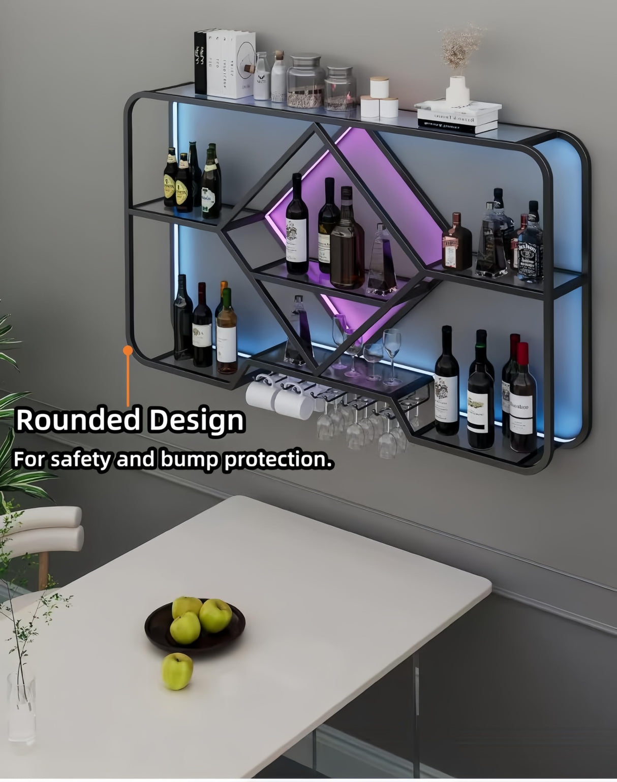 PIKYsailed Metal Wine Rack Wall Mounted with Led Light, Modern Bar Shelves Wall Mounted with Glass Holder, Multi Functional Liquor Shelf Wall Mounted for Home Bar, Kitchen & Dining Room (Black, 47) PIKYsailed