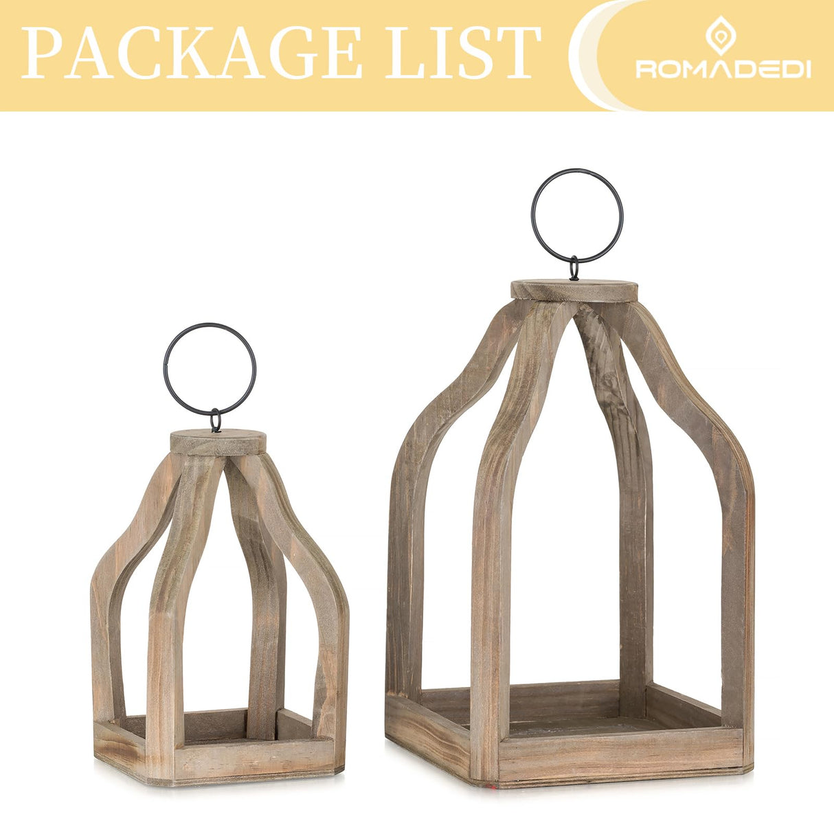 Romadedi Farmhouse Decorative Lantern Wooden - Set of 2 Rustic Wood Lanterns Candle Holder for Wedding Table Centerpieces Indoor Outdoor Fireplace Mantle Home Decor, Brown Romadedi