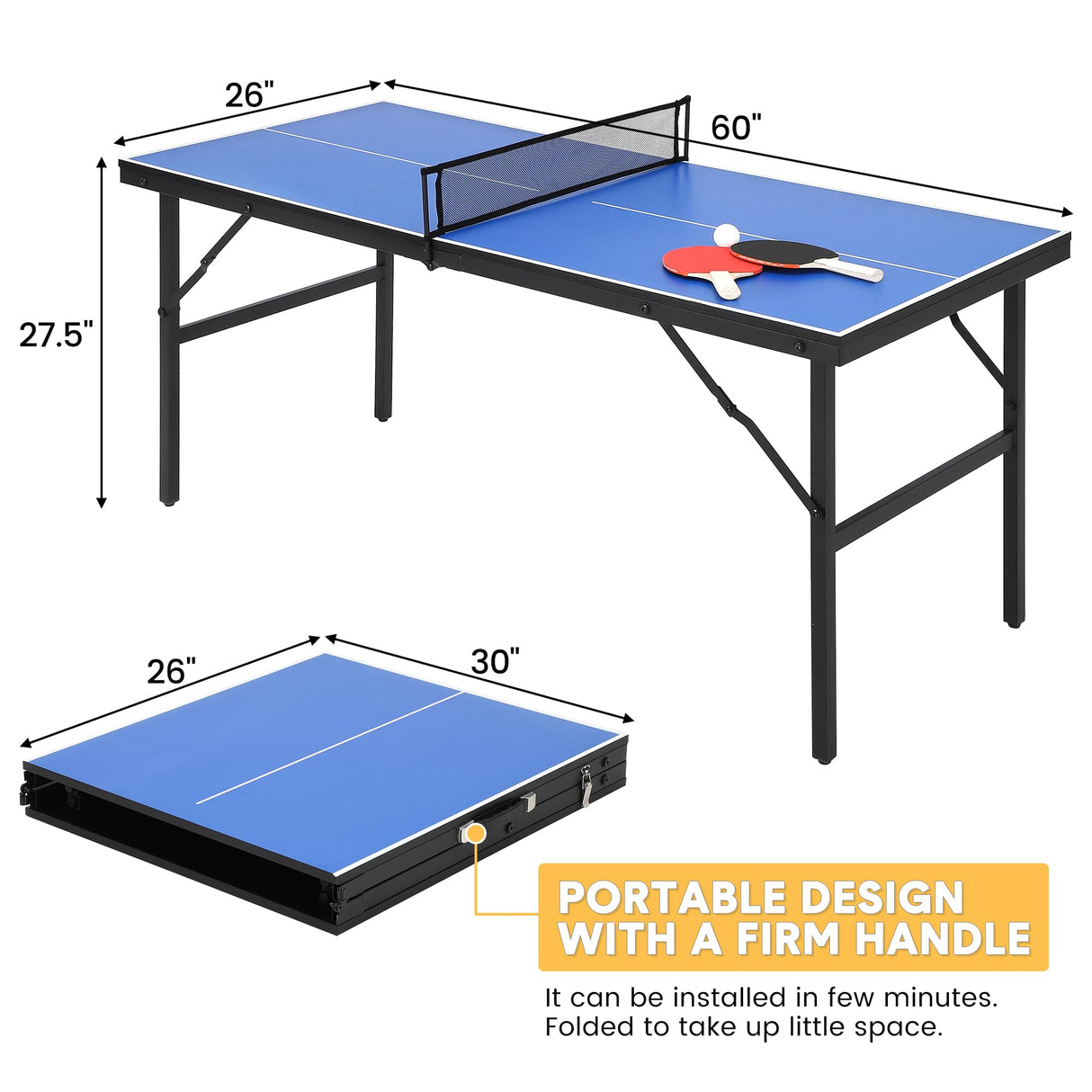 GAOMON Foldable and Portable Table Tennis Table, Indoor and Outdoor Ping Pong Table, Table Tennis Table with 2 Table Tennis Paddles and 3 Balls, 5 Minute Assembly, 60 x 26 x 27.5 Inch GAOMON