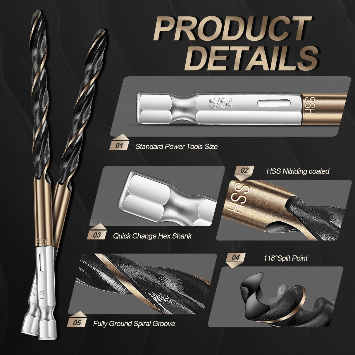 13pcs Hex Shank Drill Bit Set, Professional HSS Nitriding Twist Drill Bits, Upgrade Black and Gold Coated Drill Bit, Quick Change Design for Wood, Steel, Metal, and Plastic, 1/16IN to 1/4IN. Jonchinjn