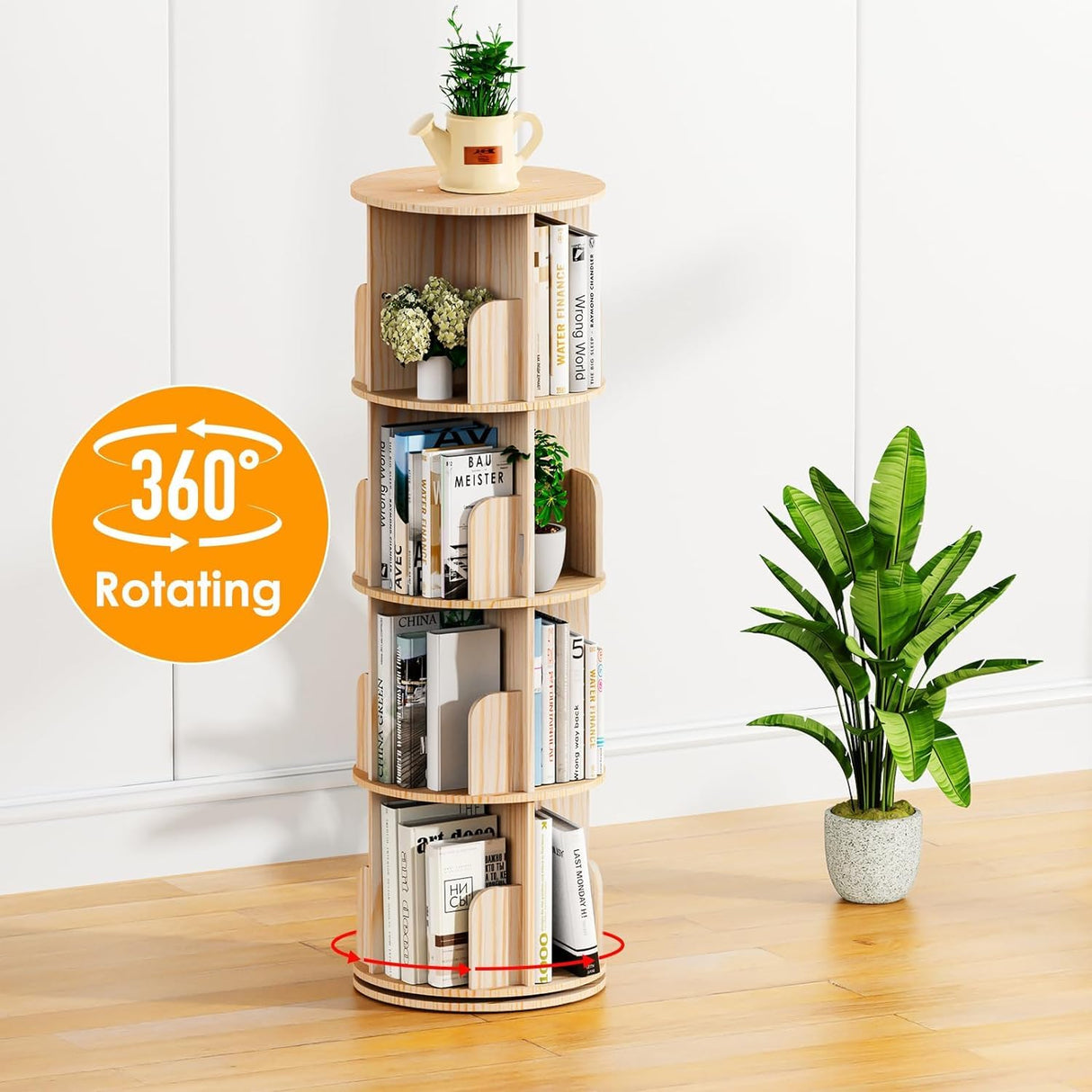 Rotating Bookshelf Tower – 4 Tier Wooden Book Shelf, Small Narrow Spinning Bookcase for Kids Rooms, Corner Bookshelf Organizer for Kids Books and Home Storage Kinembold