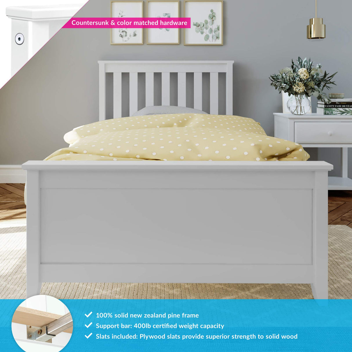 Max & Lily Twin Bed Frame with Slatted Headboard, Solid Wood Platform Bed for Kids, No Box Spring Needed, Easy Assembly, White Max & Lily