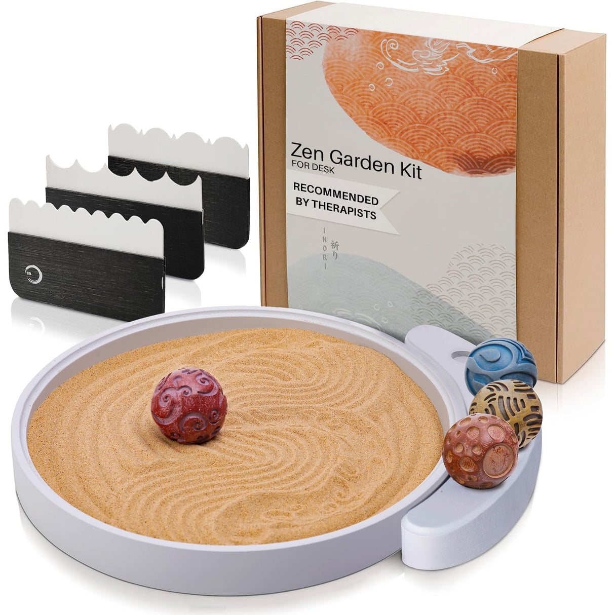 ENSO Japanese Zen Garden Kit for Desk - Inori Premium Sand Garden Gift Set for Meditation Therapy - Mini Zen Décor Office Desktop Accessories - Solid Wood Tray, 4 Hand Crafted Spheres & Custom Holder ENSO SENSORY
