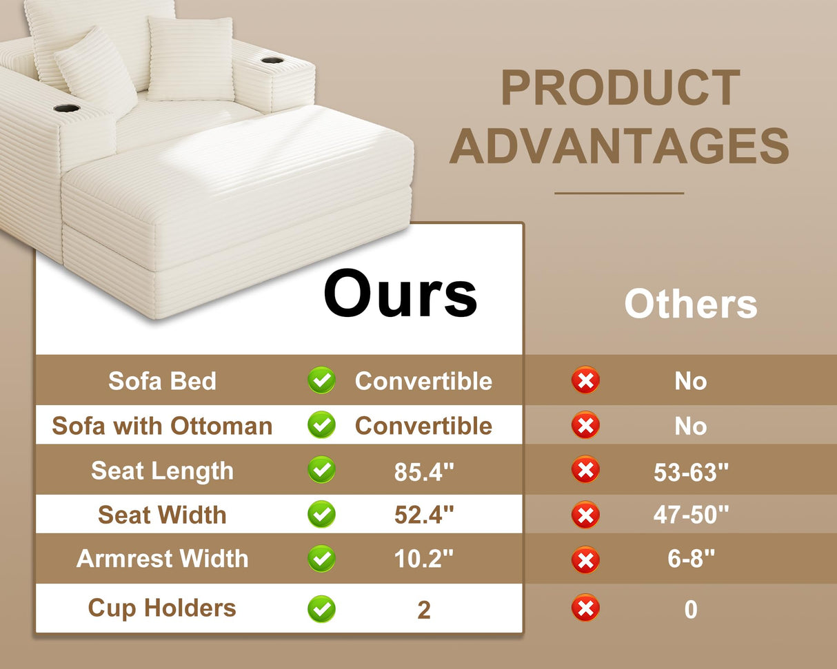 Busaurus 62" Oversized Chaise Lounge Chair Indoor, Fluffy Corduroy Upholstered Boneless Couch, Convertible Sleeper Sofa Bed & Reading Chair, Cloud Sofa Couches for Living Room, No Assembly, Beige Busaurus