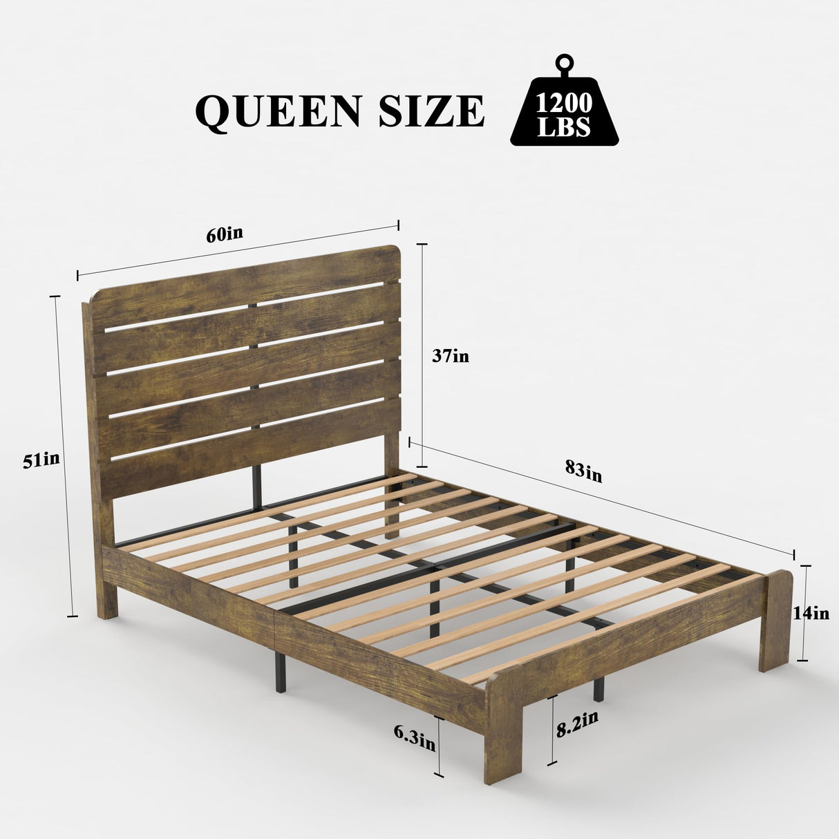 Queen Size Wooden Bed Frame with Headboard, Rustic Farmhouse Style Sturdy Bedframe with Wooden Slat Support, Noiseless, Easy to Assemble, No Spring Mattress Required. (Light Brown, Queen) QNICE