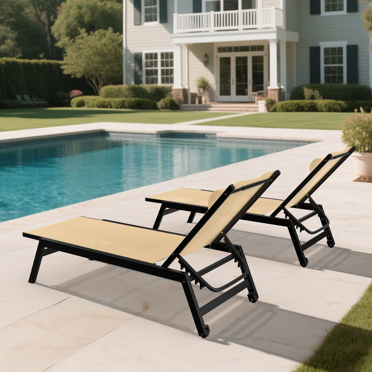 HOMSHADE Outdoor Aluminum Lounge Chair -Set of 2 with 5 Position Adjustable Backrest, Textilene Fabric, Two Wheels, Headrest for Pool, Beach, Beige (No Table) HOMSHADE