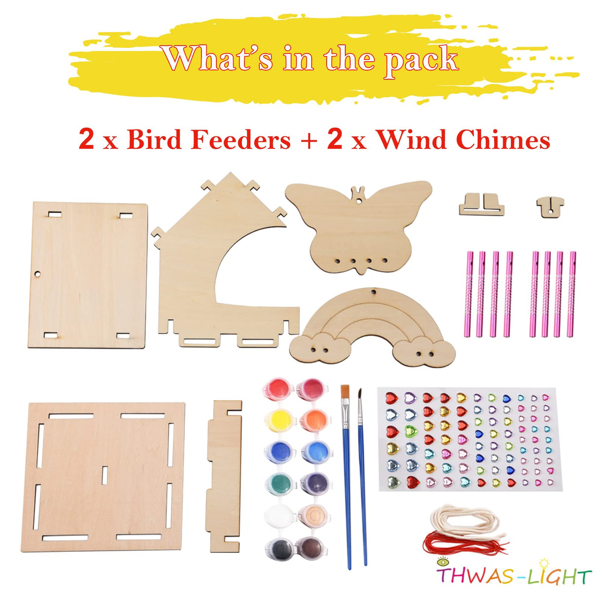 THWAS-LIGHT Wooden Arts and Crafts for Kids - 2 Pack Bird Feeder Wind Chime DIY Kids Crafts - Build and Paint Educational Fun Art Activities Gifts Outside Toys for Boys Girls Ages 3-5 8-12 6-8 THWAS-LIGHT