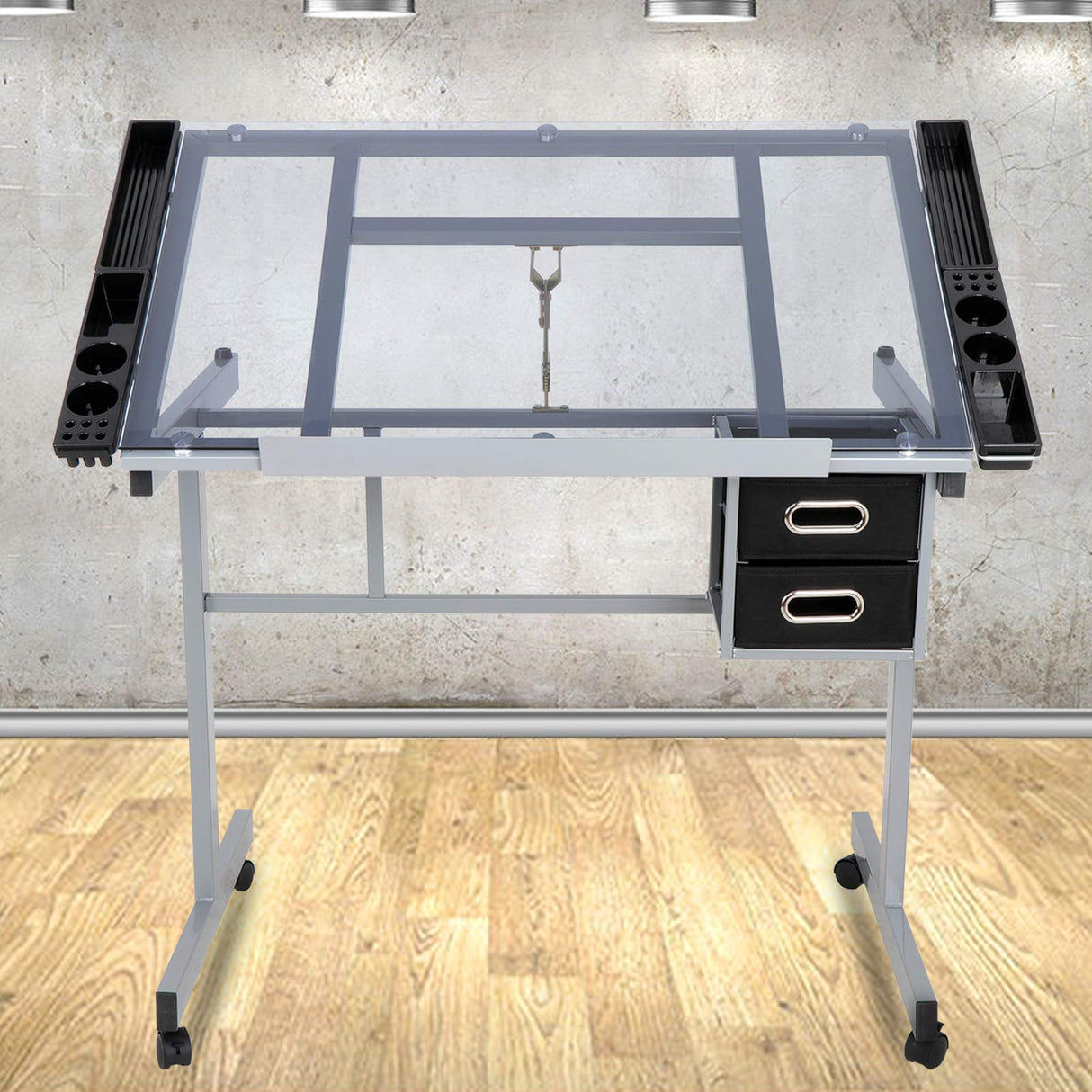 Nouva Adjustable Drafting Table Desk, Drawing Table on Wheels w/Storage & Side Tray, Artist Desk Tilting Glass Tabletop Art Craft Desk for Home Office Nouva