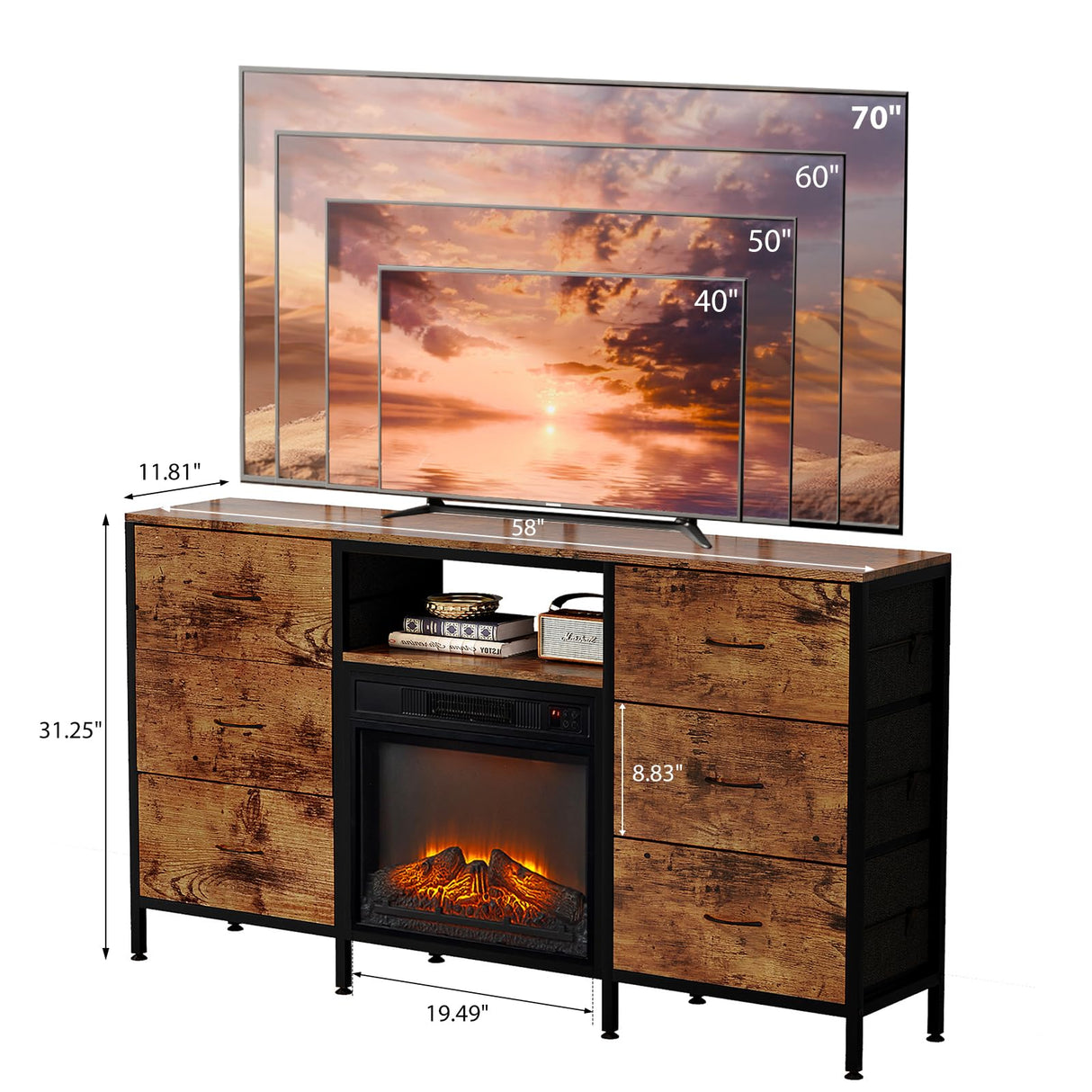 VINGLI Fireplace TV Stand Dresser with Fabric Drawer, Entertainment Center with LED Lights and Industrial TV Console Table with Open Storage Shelves for Living Room, Bedroom,Rustic Brown VINGLI