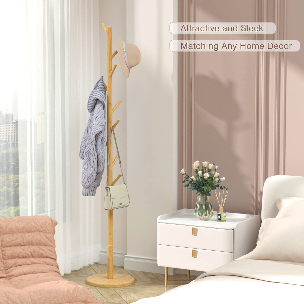 Wooden Coat Rack Freestanding Coat Tree with 4 Height Options and 9 Hooks, Sturdy Coat Rack Stand for Clothes/Bags/Hats, Easy Assemble Save Space for Entryway,Bedroom,Office,Narrow Place-Natural Bamdibola