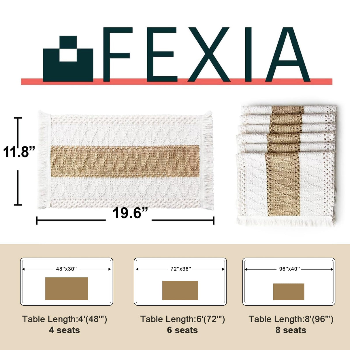 FEXIA Boho Placemats Set of 6, Macrame Table Decor Farmhouse Style Placemats in Natural Cotton Burlap, for Kitchen and Dining Table Centerpiece Home Decorations(Beige & Brown) FEXIA