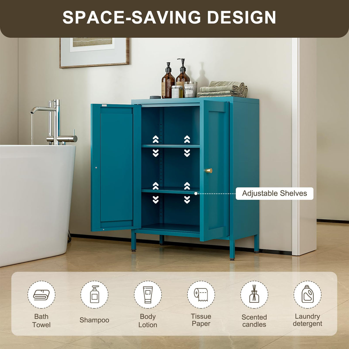 Bevivog Bathroom Floor Storage Cabinet,Metal Storage Sideboard with 2 Doors and 2 Adjustable Shelves,Modern Storage Freestanding Organizer Rust-Proof Locker,Living Room,Hallway,Blue Bevivog