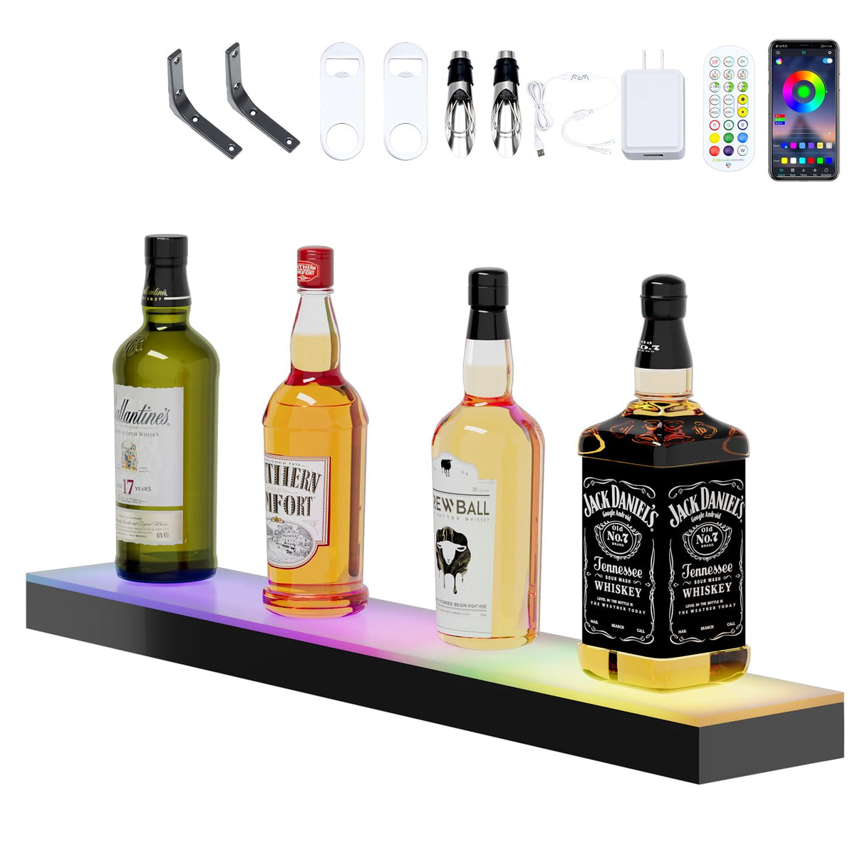 Dethan 1 Tier 24 Inch LED Lighted Liquor Bottle Display Shelf - Wine Racks with Multi-Color App & Wireless Remote Control, Adjustable Brightness & Sound Modes, Acrylic Bar Shelves for Home Bar Display Dethan