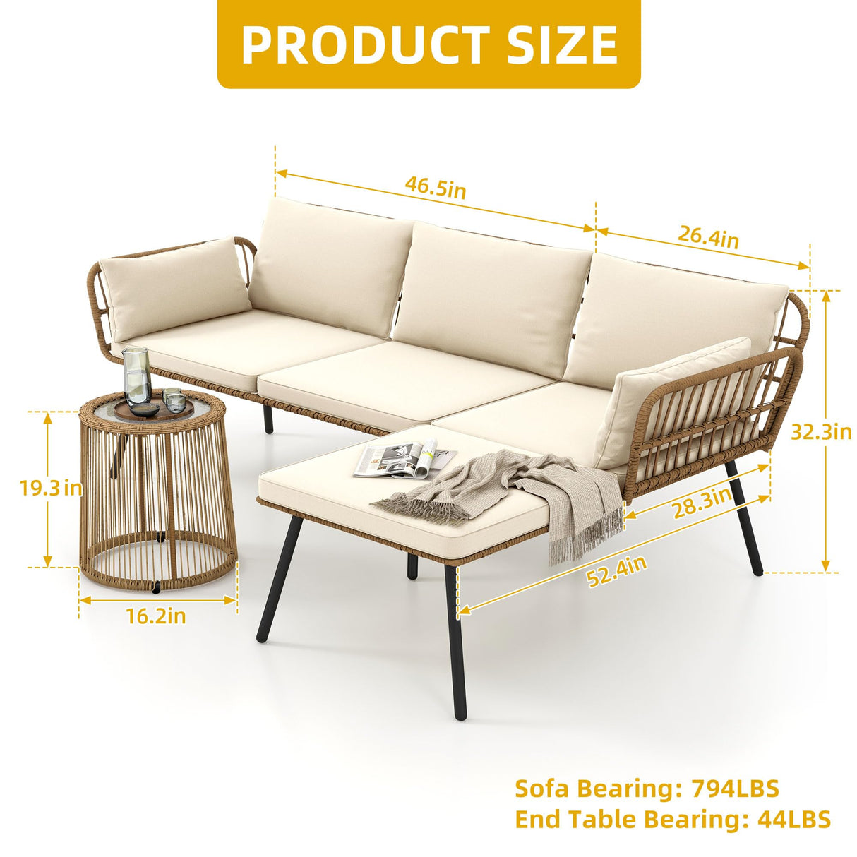 DWVO Patio Furniture Set 3 Piece Outdoor Wicker Conversation Set with Detachable Cushions and Coffee Table L-Shaped Sectional Sofa Set Outdoor Furniture Set for Backyard Porch Deck - Beige DWVO