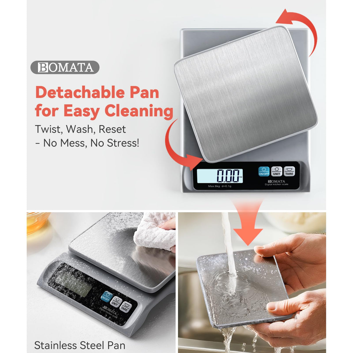 BOMATA 0.1g/ 13lb Food Scale, Digital Kitchen Scale with Removable Stainless Steel Pan, Backlit LCD Display, for Cooking, Baking B621 Grey BOMATA