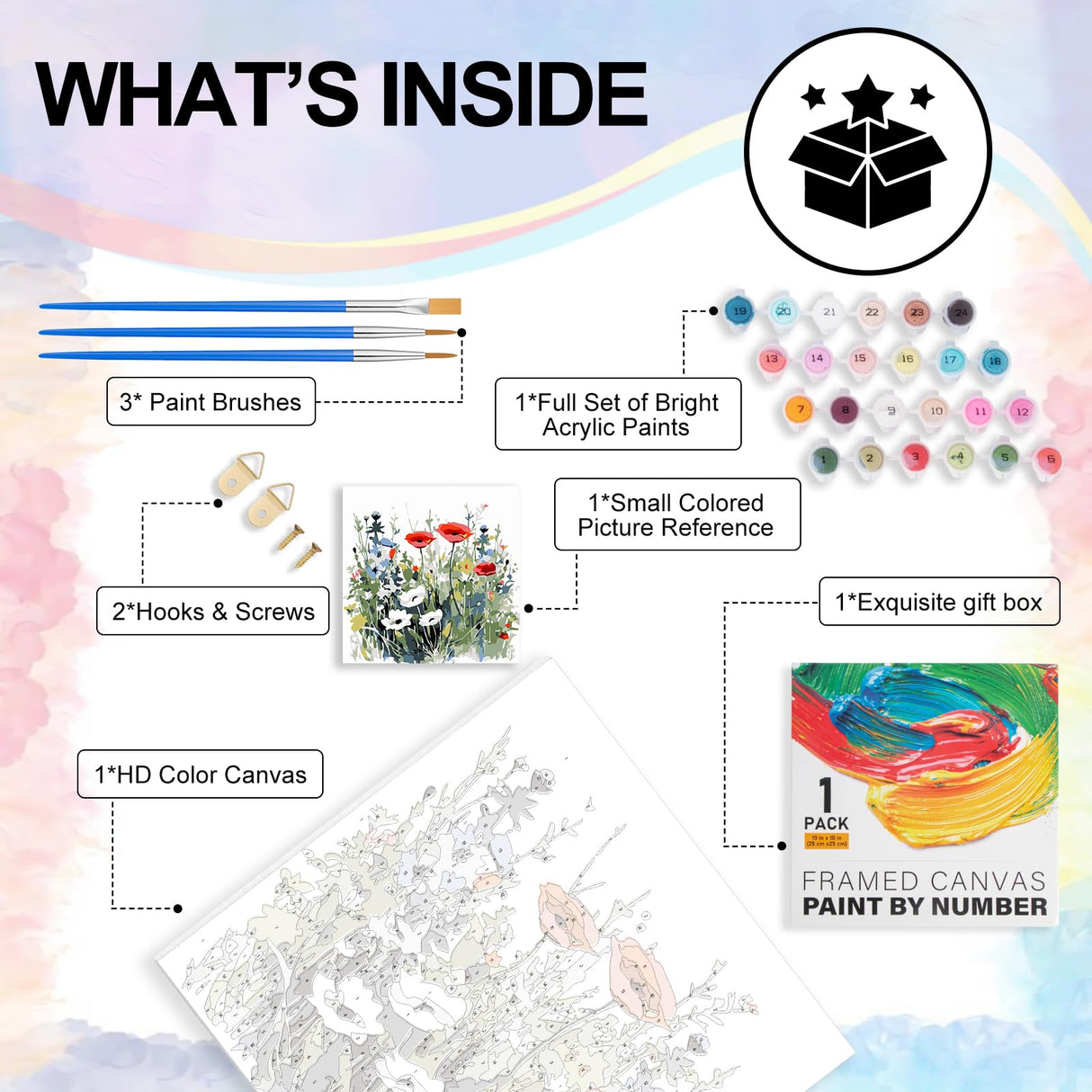 Yezavesu Flower Framed Paint by Numbers Kit for Adults Beginner & Kids Ages 8-12, Wildflowers Paint by Number Without Easel, DIY Adult Paint by Numbers Flowers for Home Wall Decor Gift 10x 10 inch Yezavesu