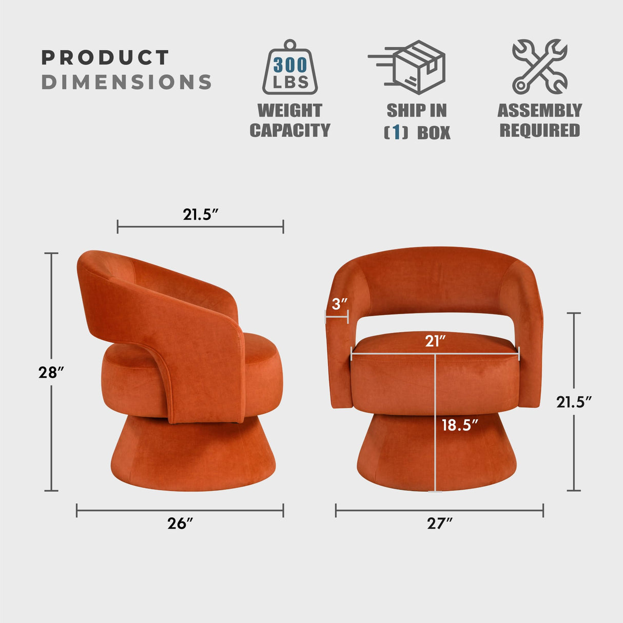 Lexicon 360 Degree Swivel Accent Chair, Modern Comfy Velvet Round Barrel Chair, Open Back, Plush Foam Cushions, Metal Swivel Base for Living Room/Bedroom/Office, Orange Lexicon