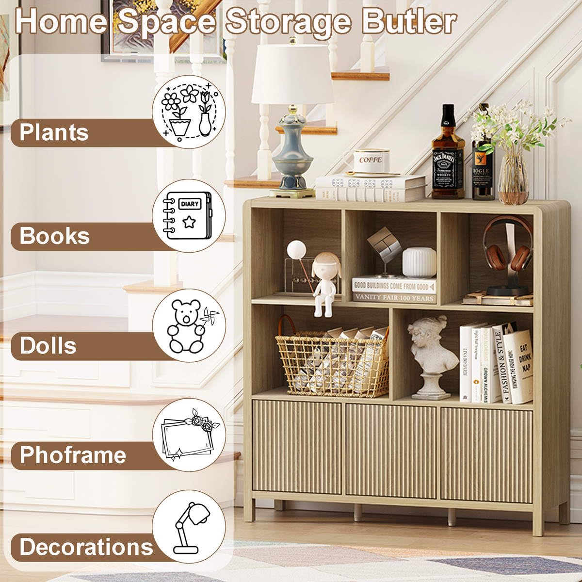 FATORRI 8 Cube Storage Organizer with Shelf, Rustic Wood Cube Bookshelf, Farmhouse Bookcase with 3 Doors, Cubby Book Shelf for Living Room, Home Office, Hallway (Light Walnut) FATORRI