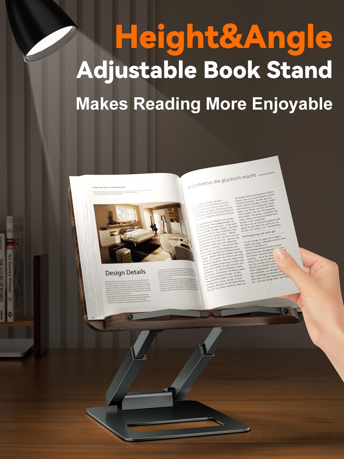 Tounee Book Stand, Telescopic Book Holder Stand, Adjustable Height Pull Out Design Ergonomic Cookbook Stand with Elastic Page Clips Fits All Books (Gray) tounee