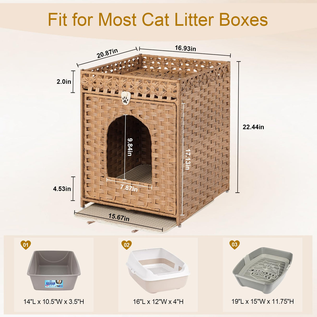 Snughome Cat Litter Box Enclosure Furniture Hidden with Cat Litter Mat, Hidden Cat Washroom Furniture with Door, Handwoven Rattan Cat Washroom Box, Indoor Pet House for Living Room, Bedroom(Natural) Snughome