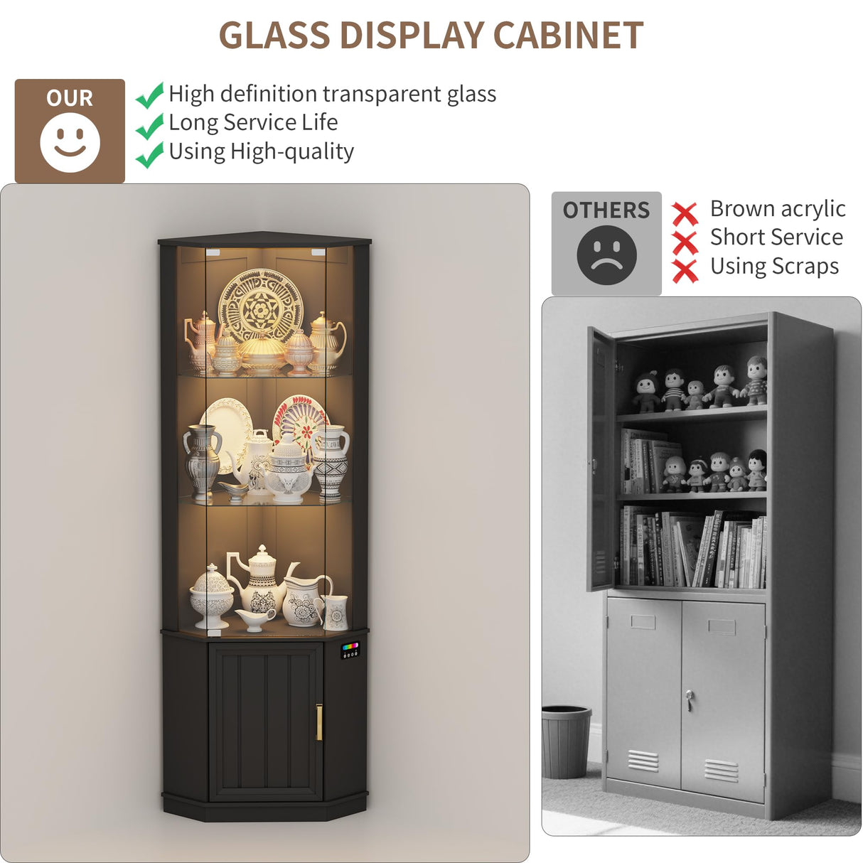 Lvifur 69" Corner Glass Display Cabinet with RGB Lights,3-Tier Movable Glass Shelves,Curio Display with Human Body Sensor,Bookcase with Storage Cabinet for Toys,Books,Collectibles,Liquor,Black Lvifur