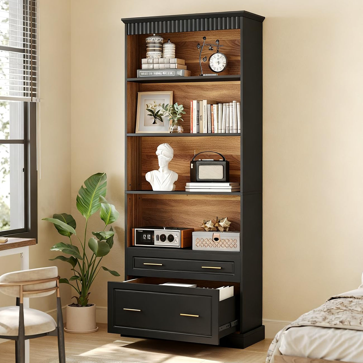 LITTLE TREE 72" Tall Black Bookcase, 5-Tier Office Bookself with File Cabinet Drawers,Modern Floor Standing Storage Filing Cabinet Book Shelf for Living Room,Bedroom LITTLE TREE