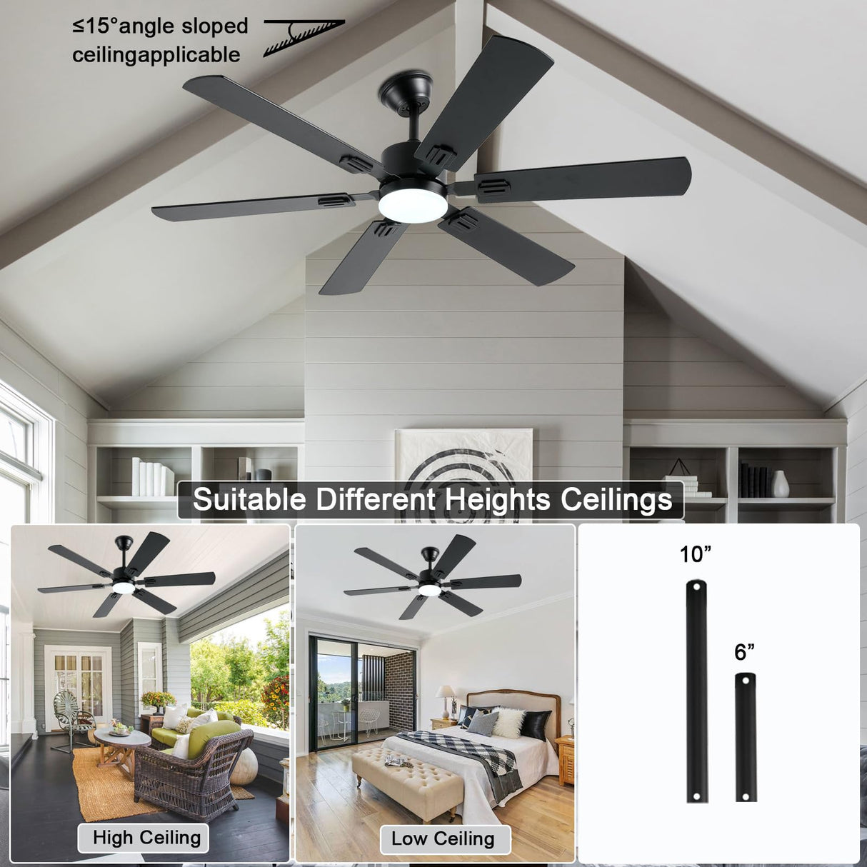 FUMLTP 56inch Black Ceiling Fans with Lights and Remote/App Control, Dimmable LED, Reversible DC Motor, Noiseless, 6 Double-Side blades, 6 Speeds Low Profile Ceiling Fan for Indoor/Outdoor Use FUMLTP