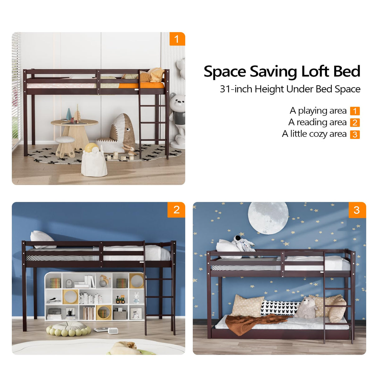 Bonnlo Twin Low Loft Bed with Inclined Stairs and High Guard Rail - Espresso Solid Wood Design Bonnlo