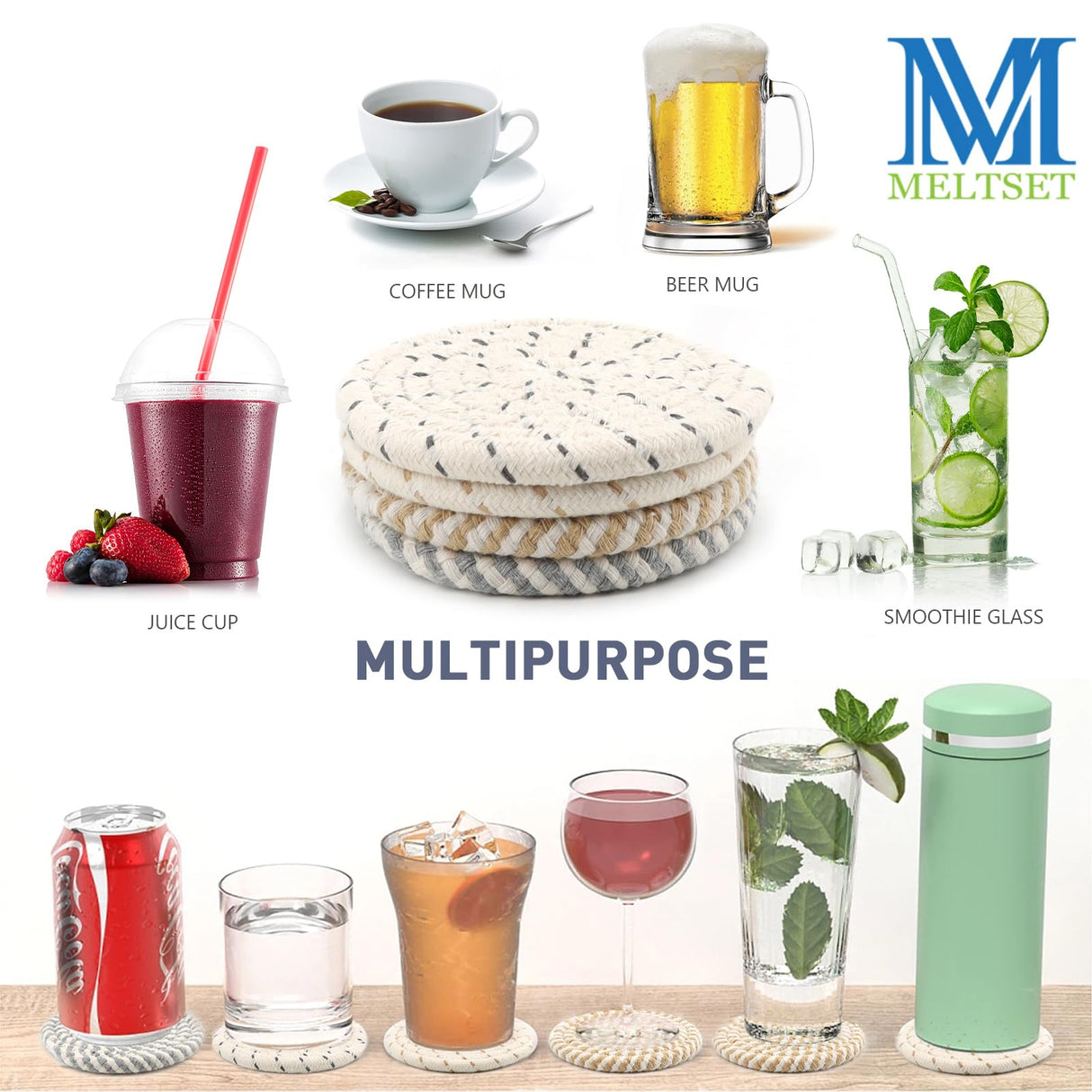 MeltsetM Coasters for Drinks Absorbent Woven Coaster Set with Holder Farmhouse Cute Cloth Fabric Cup Coasters for Coffee Table Office Desk, Handmade Boho Decor Tabletop Protection, 8 Pack Meltset M