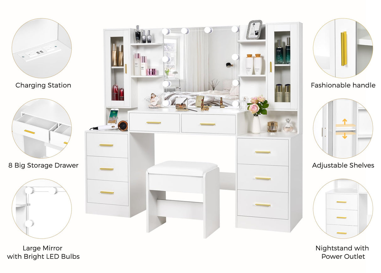 ANWBROAD 59.1" Large Vanity Desk Table with Mirror & Lights White Makeup Vanity with Power Outlet and 8 Drawers 2 Cabinets 3 Lighting Modes Adjustable Vanity Table for Bedroom Dressing Room UBDT67W ANWBROAD
