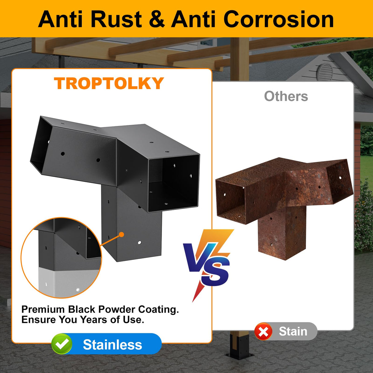 Heavy Duty 15°Slanted Roof Wall Mount 4x4 Pergola Bracket Kit,TROPTOLKY Angled 4x4 Wood Post Bracket,DIY Pergola Gazebo Kit 3-Way(6PCS) TROPTOLKY