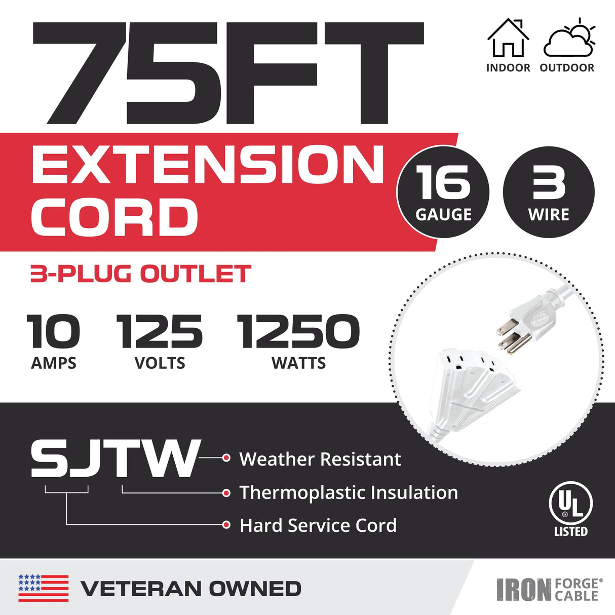 Iron Forge Cable 3 Outlet White Extension Cord 75 ft, 16/3 SJTW Indoor & Outdoor Heavy Duty 3 Prong Extension Cord with Multiple Outlets, Weatherproof Power Cable for Outside, Lawn, Home & Office IRON FORGE CABLE
