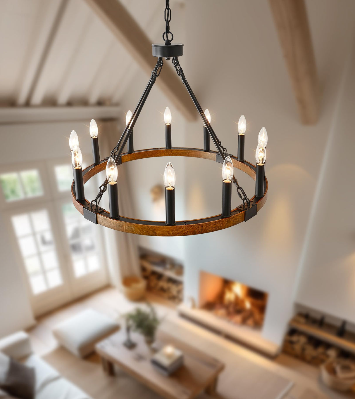 HHR 26 Inch 12-Light Solid Wood Wagon Wheel Chandelier High Ceiling Island Lights Fixtures,Black Rustic Candle Chandelier for Farmhouse Dining Room Bedroom Entryway Living Room Restaurant café HHR