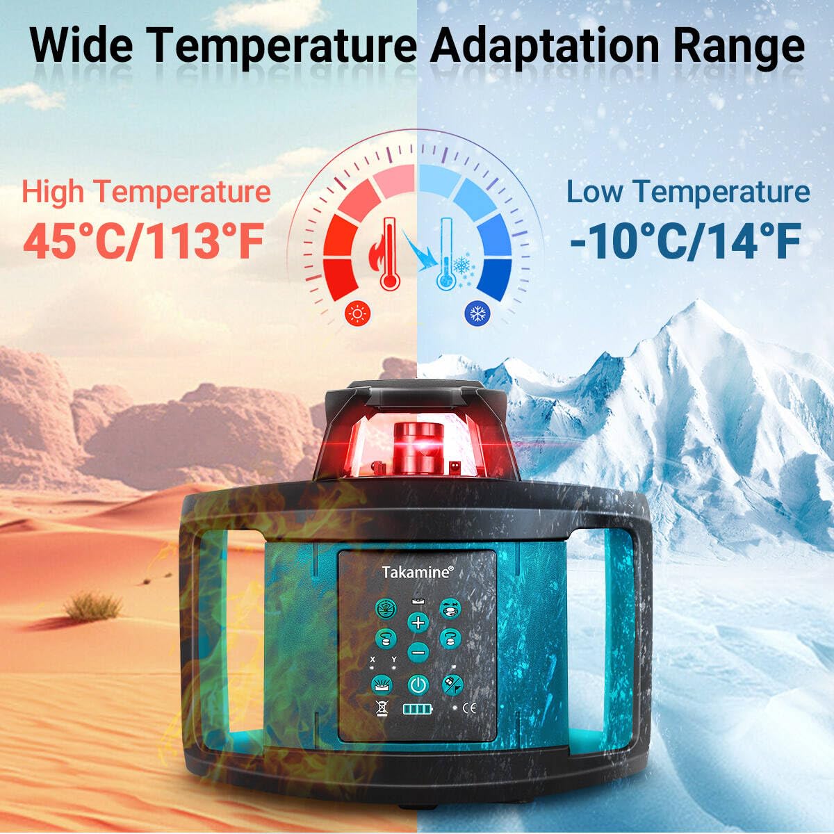 Takamine Rotary Laser Level Kit, Red Beam 635nm Wavelength, 800M Measuring Range, Horizontal/Vertical Self-Leveling, 5 Scan Angle and Rotation Speed Adjustment, Includes Remote Control, Receiver. Takamine