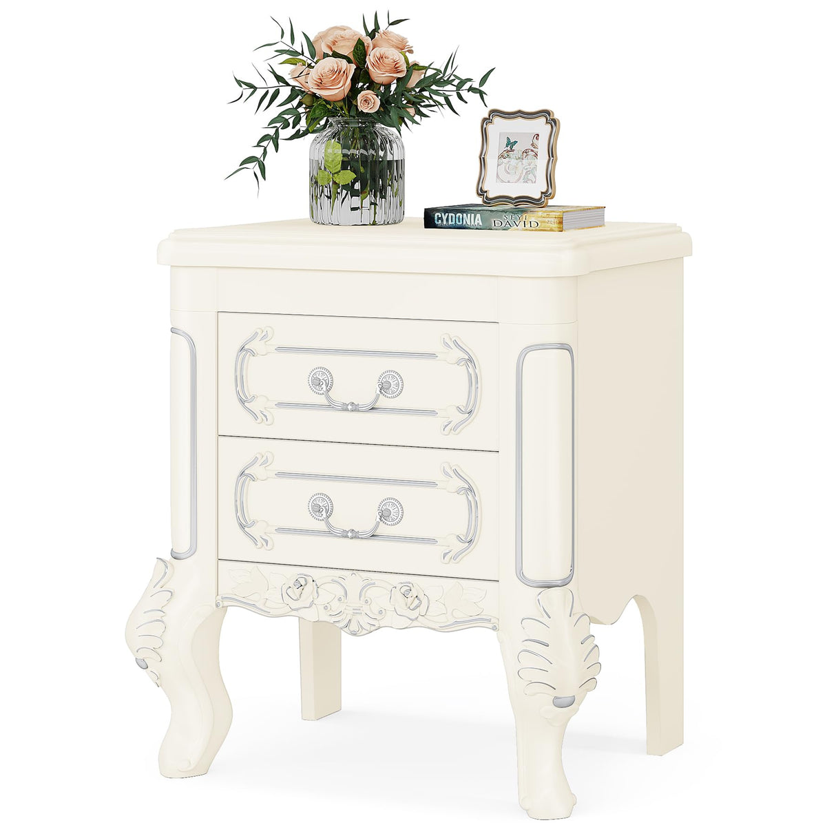 Tribesigns White Nightstand, End Table with 2 Drawers, Carved Bedside Tables, Side Table for Bedroom, Living Room, Classic Bedroom Furniture, Night Stand(1PC Tribesigns
