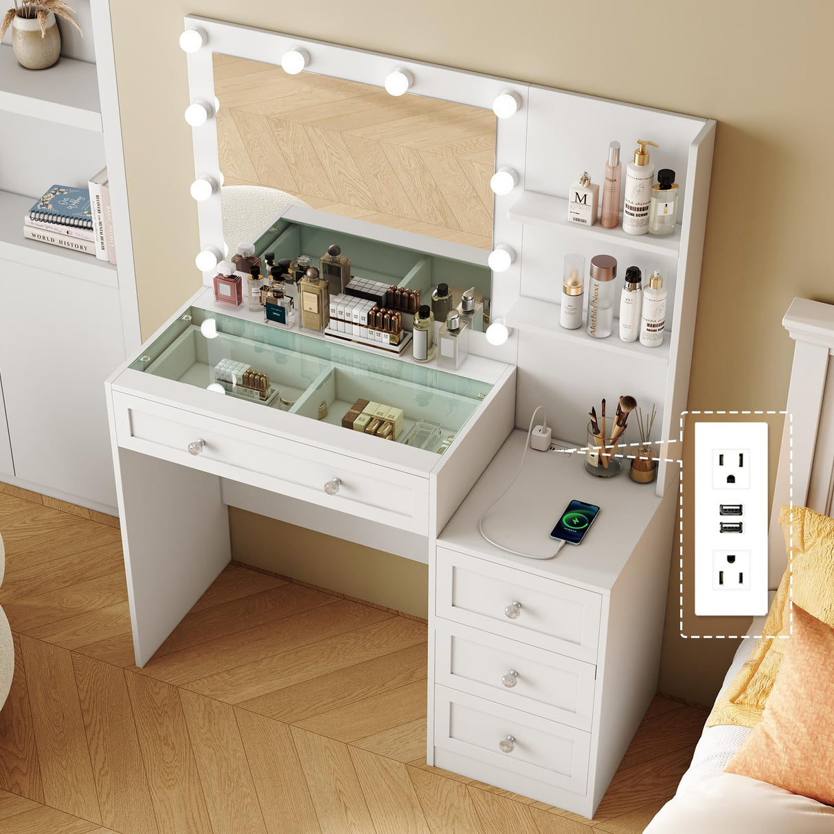 YaoYaoJia Vanity Desk with Mirror and Lights, 39.4" White Makeup Vanity with Glass Top,Dressing Table with 4 Drawers,Charging Station, 3 Lighting Modes for Women Bedroom YaoYaoJia