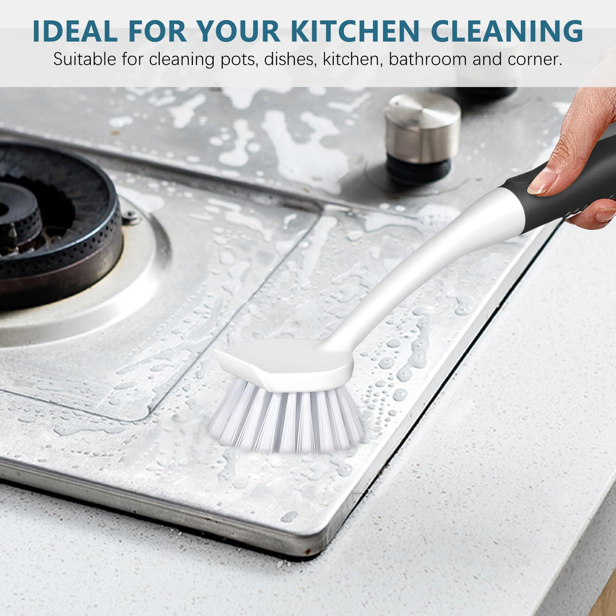 SetSail Dish Brush Set of 3 with Bottle Brush, Dish Scrub Brush with Long Handle Deep Cleaning Handle Brush with Scraper Tip for Kitchen Sink Dishes Bottle Cup Pot and Pans Tile Lines, Black SetSail