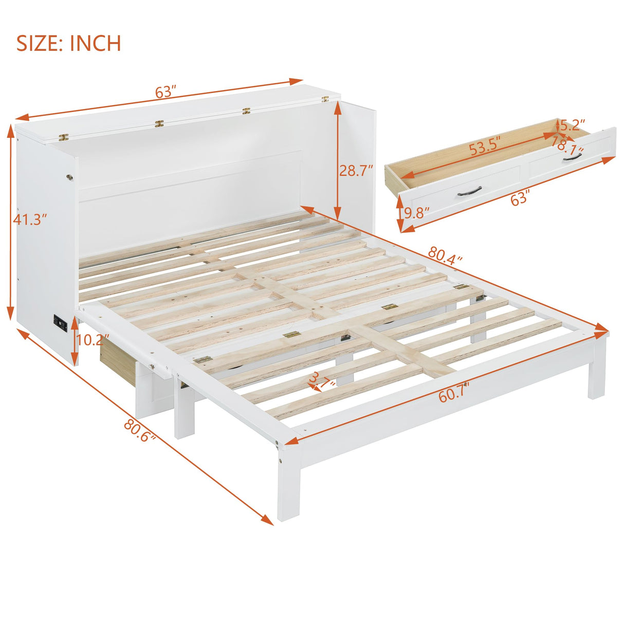 P PURLOVE Queen Murphy Bed with Large Drawers, Wood Cabinet Bed with USB Port, No Box Spring Needed, Easy Assembly (White) P PURLOVE