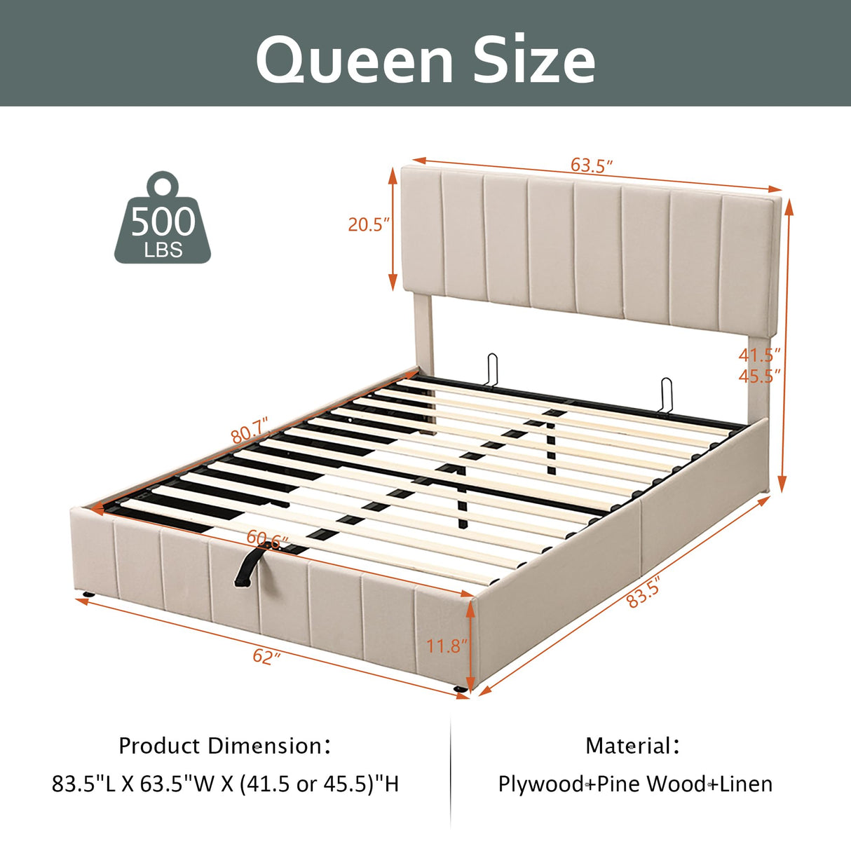 Merax Gas Lift Up Storage Platform Bed, Upholstered Bed Frame with Hydraulic Storage System and Wooden Slat Support, Queen Size, Beige Merax