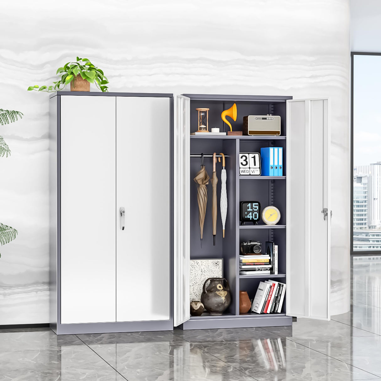 INTERGREAT Metal Storage Cabinet,72 Tall Armoire Wardrobe Closet with Doors,Grey White Storage Locker Cabinets with Adjustable Shelves and Removable Hanging Rods INTERGREAT