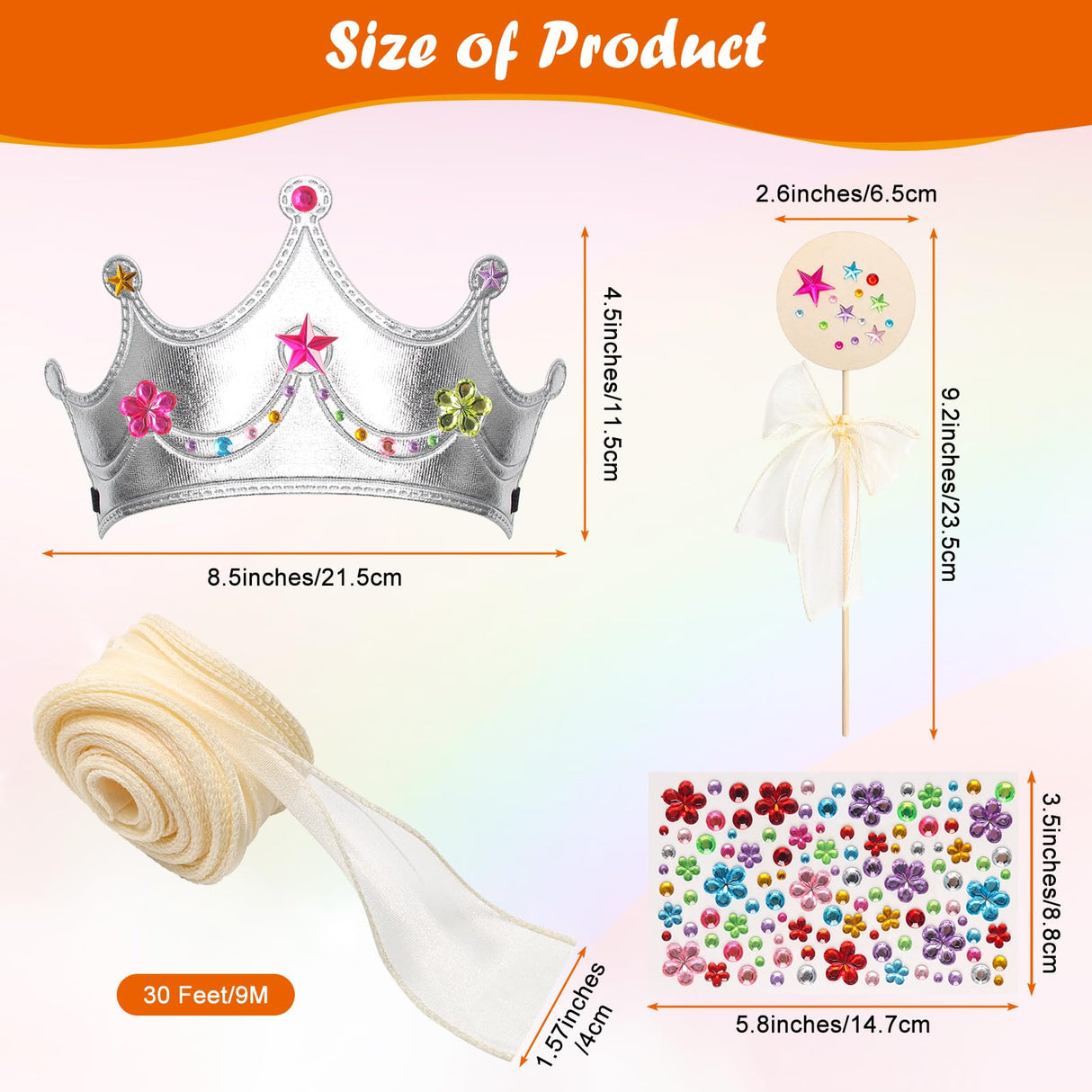 Hoedia 24+37Pcs Foam Crowns Set, Princess Tiaras and Foam DIY Crowns for Kids to Decorate for Birthday Party Crowns Favors with 24 Foam Crowns, 24 Wooden Wands, 12 Rhinestone Stickers,1 Silk Ribbon Hoedia