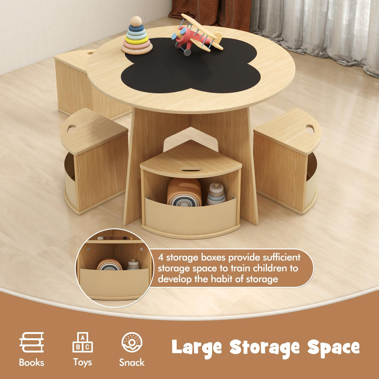 INFANS Toddler Table and Chair Set with 4 Storage Stools, Wooden Flower Shaped Nesting Table with Blackboard Drawers, Children Multi-Activity Table for Art Crafts Draw Read Boys Girls 3+ (Natural) INFANS