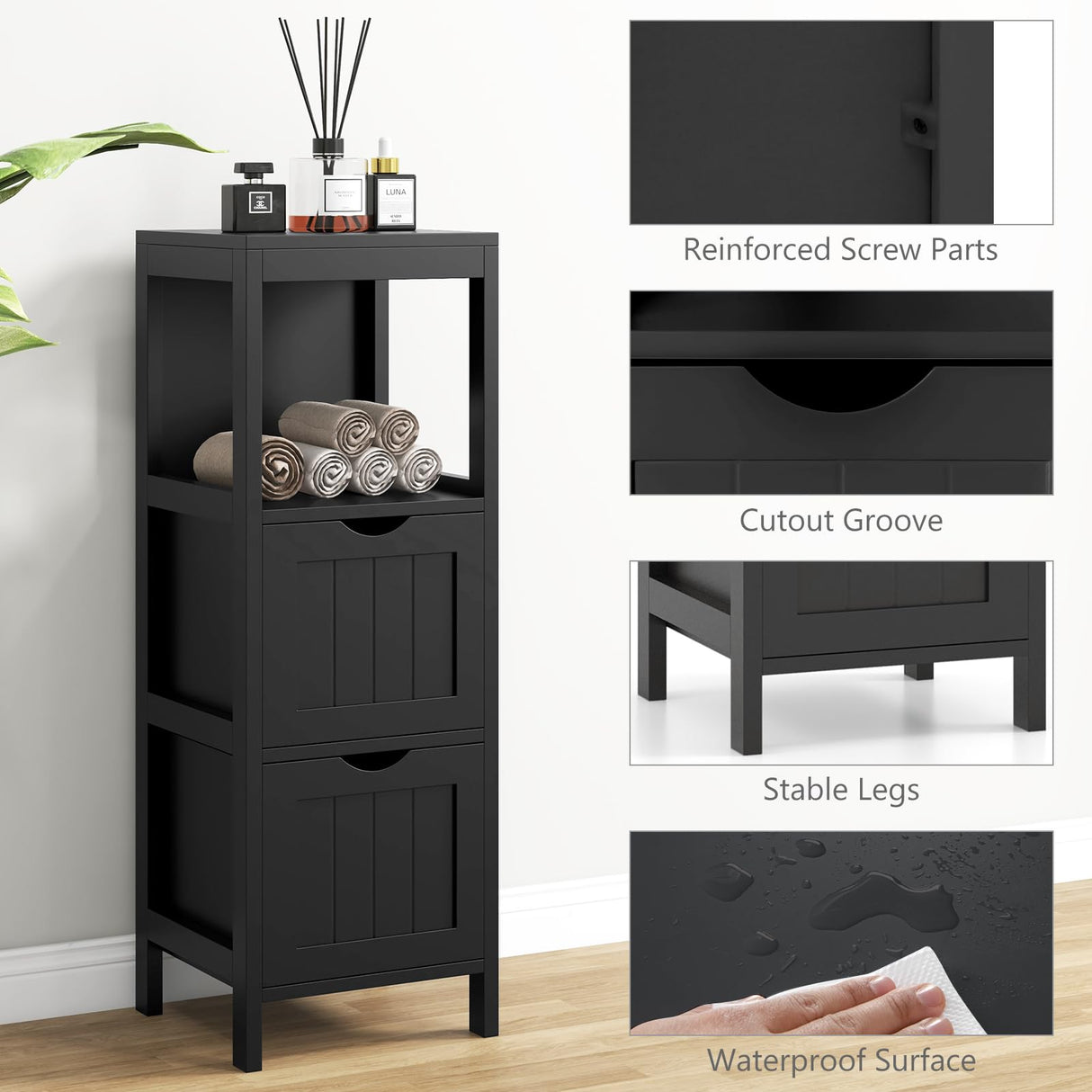 Tangkula Black Small Bathroom Storage Cabinet with 2 Removable Drawers Tangkula