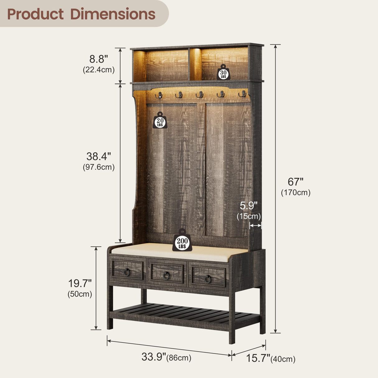 MDGC Farmhouse Hall Tree with Cushioned Bench and Shoe Storage for Mudroom, Hallway, Living Room,4-in-1 Entryway Bench with LED Lights,Motion Sensor,Coat Rack and 3 Drawers,Dark Rustic Oak MDGC