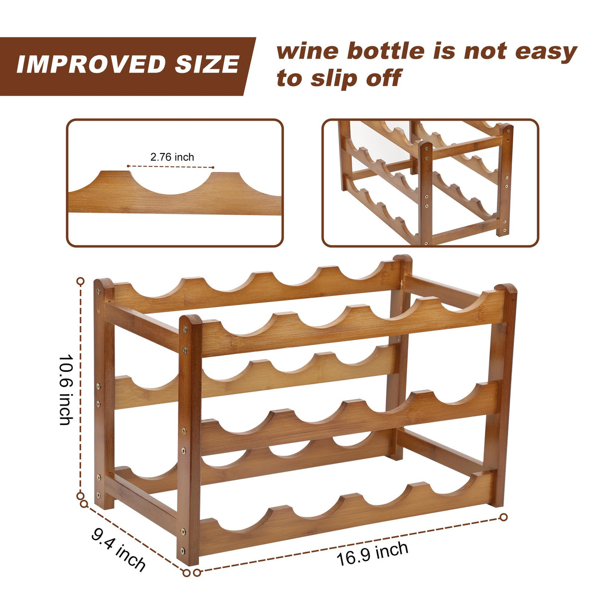 CAMOAT Bamboo Wine Rack,Wine Racks Countertop, Small Wine Rack Freestanding Floor,3 Tiers 12 Bottles Wine Rack,Sturdy and Durable Wine Rack Shelf for Cabinets Kitchen,Home Bar,Wine Storage CAMOAT